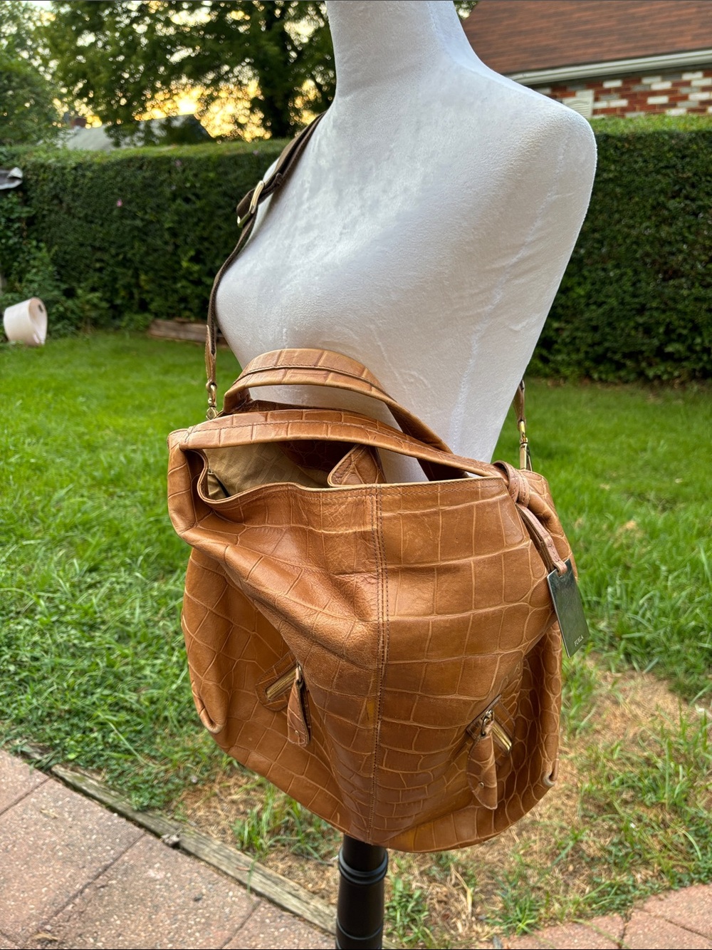 Furla Tan Croc-Embossed Leather Shoulder Bag